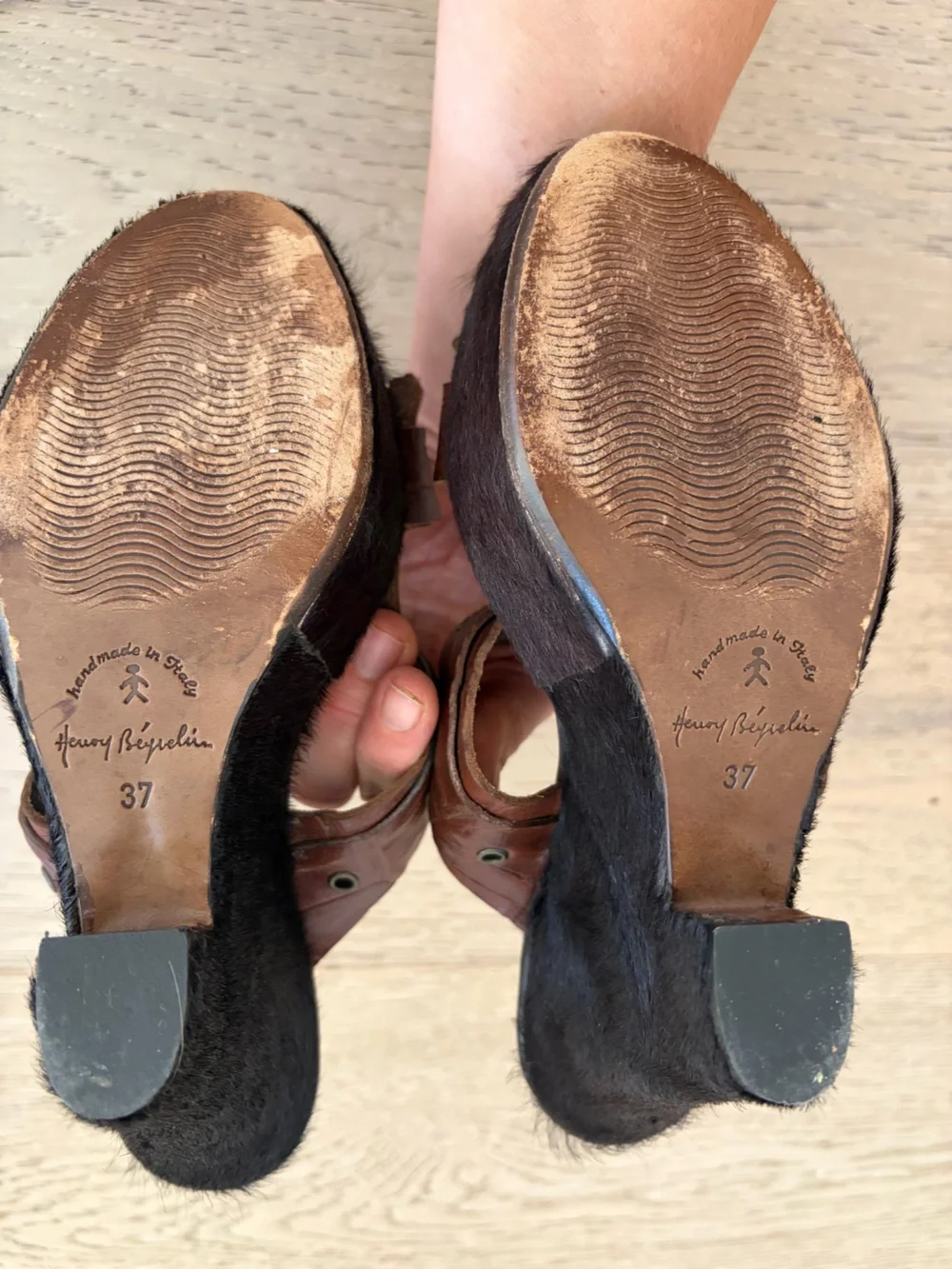 Henry Beguelin Made in Italy Pony Hair And Brown Leather Platform Wedge Mules